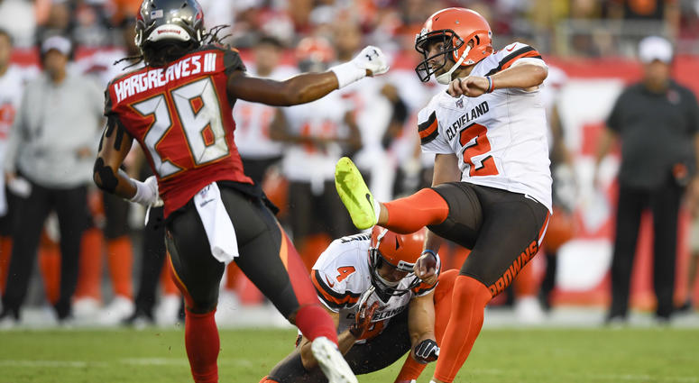 Aug 23, 2019; Tampa, FL, USA; Cleveland Browns kicker Austin Seibert (2) kicks a field goal during the first quarter against the Tampa Bay Buccaneers at Raymond James Stadium.