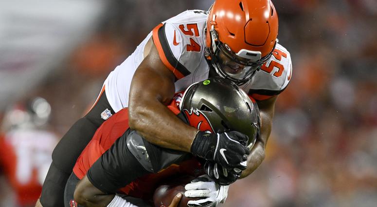 Aug 23, 2019; Tampa, FL, USA; Cleveland Browns defensive end Olivier Vernon (54) sacks Tampa Bay Buccaneers quarterback Jameis Winston (3) during the second quarter at Raymond James Stadium Cleveland Browns defensive end Olivier Vernon (54) sacks Tampa Bay Buccaneers quarterback Jameis Winston (3) during the second quarter at Raymond James Stadium
