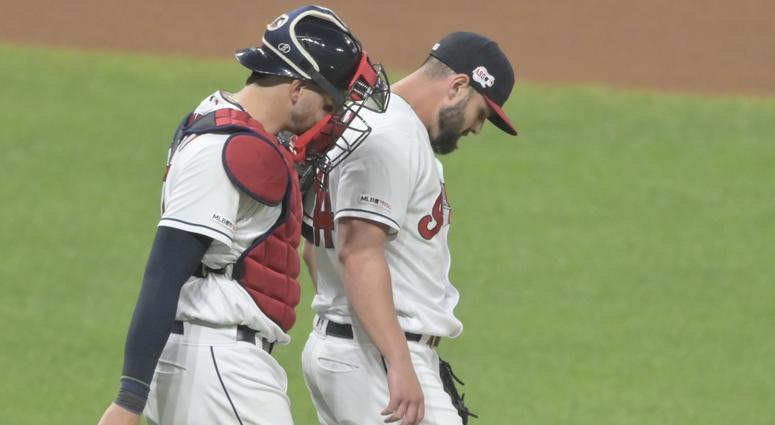 Sep 14, 2019; Cleveland, OH, USA; Cleveland Indians catcher Kevin Plawecki (27) talks with relief pitcher Nick Goody (44) in the eighth inning against the Minnesota Twins at Progressive Field. Mandatory Credit: David Richard-USA TODAY Sports Sep 14, 2019; Cleveland, OH, USA; Cleveland Indians catcher Kevin Plawecki (27) talks with relief pitcher Nick Goody (44) in the eighth inning against the Minnesota Twins at Progressive Field. Mandatory Credit: David Richard-USA TODAY Sports