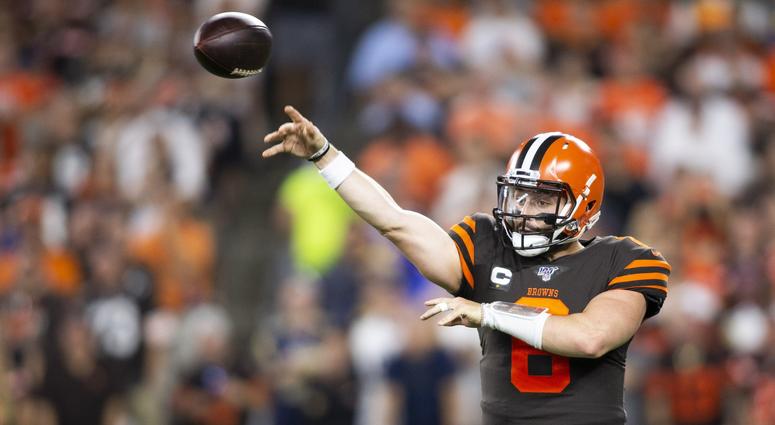 Sep 22, 2019; Cleveland, OH, USA; Cleveland Browns quarterback Baker Mayfield (6) throws the ball during the first quarter against the Los Angeles Rams at FirstEnergy Stadium. Mandatory Credit: Scott R. Galvin-USA TODAY Sports