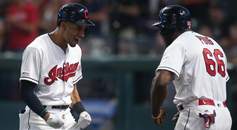 Sep 22, 2019; Cleveland, OH, USA; Cleveland Indians center fielder Oscar Mercado (left) celebrates his three run home run with right fielder Yasiel Puig (right) against the Philadelphia Phillies during the fifth inning at Progressive Field. Mandatory Cred Sep 22, 2019; Cleveland, OH, USA; Cleveland Indians center fielder Oscar Mercado (left) celebrates his three run home run with right fielder Yasiel Puig (right) against the Philadelphia Phillies during the fifth inning at Progressive Field. Mandatory Cred