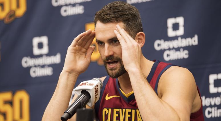 Sep 30, 2019; Independence, OH, USA; Cleveland Cavaliers forward Kevin Love (0) talks with the media during media day at Cleveland Clinic Courts. Mandatory Credit: Ken Blaze-USA TODAY Sports Sep 30, 2019; Independence, OH, USA; Cleveland Cavaliers forward Kevin Love (0) talks with the media during media day at Cleveland Clinic Courts. Mandatory Credit: Ken Blaze-USA TODAY Sports