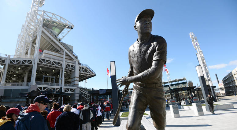 Apr 5, 2016; Cleveland, OH, USA; Fans wait to enter the stadium with a statue of former Cleveland Indians player Larry Doby in the foreground before the game between the Cleveland Indians and the Boston Red Sox at Progressive Field. Apr 5, 2016; Cleveland, OH, USA; Fans wait to enter the stadium with a statue of former Cleveland Indians player Larry Doby in the foreground before the game between the Cleveland Indians and the Boston Red Sox at Progressive Field.