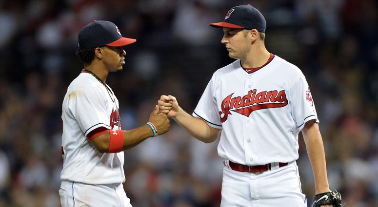 Sep 3, 2016; Cleveland, OH, USA; Cleveland Indians shortstop Francisco Lindor (12) and Cleveland Indians starting pitcher Trevor Bauer (47) celebrate during the ninth inning against the Miami Marlins at Progressive Field. Mandatory Credit: Ken Blaze-USA T Sep 3, 2016; Cleveland, OH, USA; Cleveland Indians shortstop Francisco Lindor (12) and Cleveland Indians starting pitcher Trevor Bauer (47) celebrate during the ninth inning against the Miami Marlins at Progressive Field. Mandatory Credit: Ken Blaze-USA T