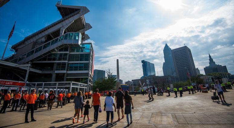 General view of FirstEnergy Stadium and downtown Cleveland before the game between the Cleveland Browns and the Baltimore Ravens. General view of FirstEnergy Stadium and downtown Cleveland before the game between the Cleveland Browns and the Baltimore Ravens.