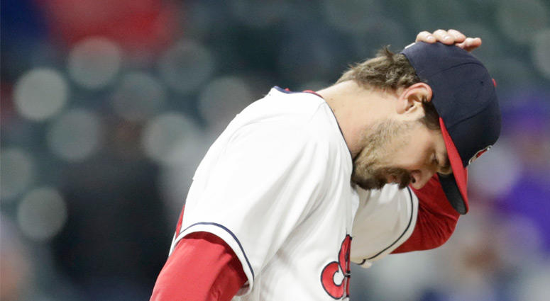 Cleveland Indians relief pitcher Andrew Miller reacts after Kansas City Royals' Salvador Perez hit a two-run home run during the seventh inning of a baseball game Friday, May 11, 2018, in Cleveland. (AP Photo/Tony Dejak) Cleveland Indians relief pitcher Andrew Miller reacts after Kansas City Royals' Salvador Perez hit a two-run home run during the seventh inning of a baseball game Friday, May 11, 2018, in Cleveland. (AP Photo/Tony Dejak)