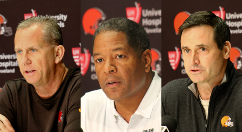 (L to R) Cleveland Browns offensive coordinator Todd Monken, defensive coordinator Steve Wilks and special teams coordinator Mike Priefer