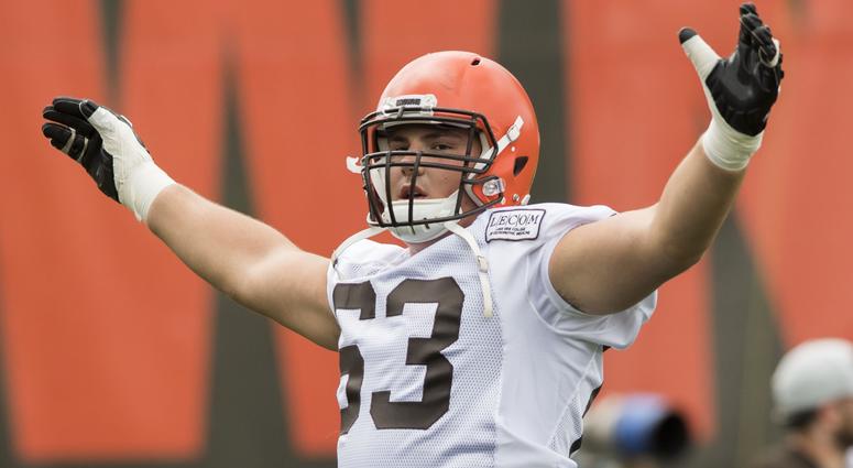 Jul 27, 2018; Berea, OH, USA; Cleveland Browns offensive guard Austin Corbett (63) stretches during training camp at the Cleveland Browns Training Complex. Mandatory Credit: Ken Blaze-USA TODAY Sports Jul 27, 2018; Berea, OH, USA; Cleveland Browns offensive guard Austin Corbett (63) stretches during training camp at the Cleveland Browns Training Complex. Mandatory Credit: Ken Blaze-USA TODAY Sports