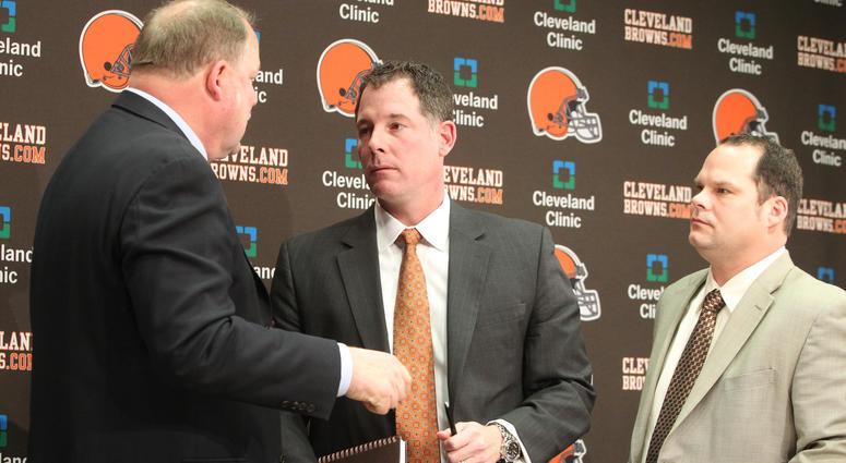 File: Browns President Mike Holmgren, left, new head coach Pat Shurmur, middle, and General Manager Tom Heckert, right, speak together after a news conference where Shurmur was presented to the media at the Browns' training facility in Berea, Ohio. File: Browns President Mike Holmgren, left, new head coach Pat Shurmur, middle, and General Manager Tom Heckert, right, speak together after a news conference where Shurmur was presented to the media at the Browns' training facility in Berea, Ohio.