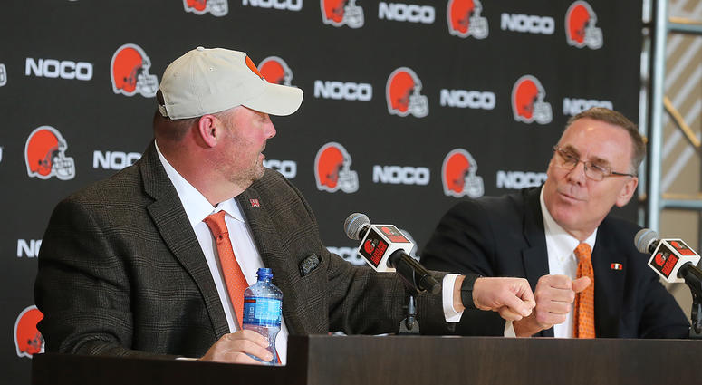 New Cleveland Browns head coach Freddie Kitchens fist bumps General Manager John Dorsey during a press conference on Monday, Jan. 14, 2019 at FirstEnergy Stadium in Cleveland, Ohio. (Photo by Phil Masturzo/Akron Beacon Journal/TNS/Sipa USA) New Cleveland Browns head coach Freddie Kitchens fist bumps General Manager John Dorsey during a press conference on Monday, Jan. 14, 2019 at FirstEnergy Stadium in Cleveland, Ohio. (Photo by Phil Masturzo/Akron Beacon Journal/TNS/Sipa USA)
