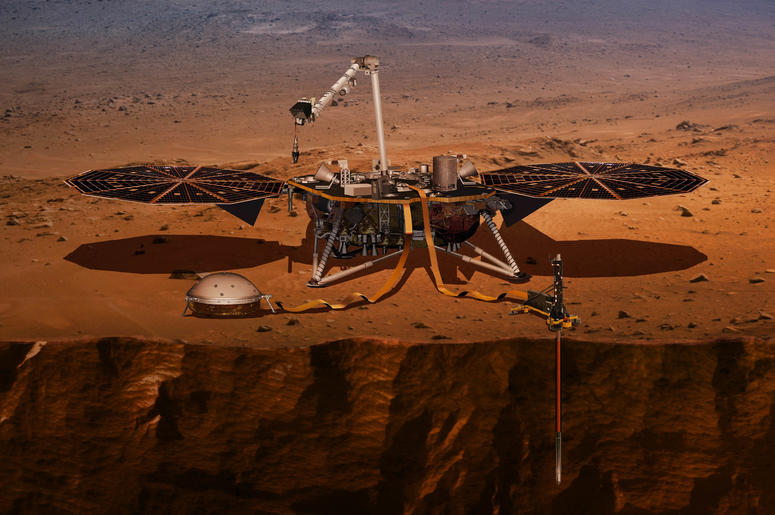 Una ilustración suministrada por la NASA de cómo se vería la sonda InSight en Marte. Una ilustración suministrada por la NASA de cómo se vería la sonda InSight en Marte.