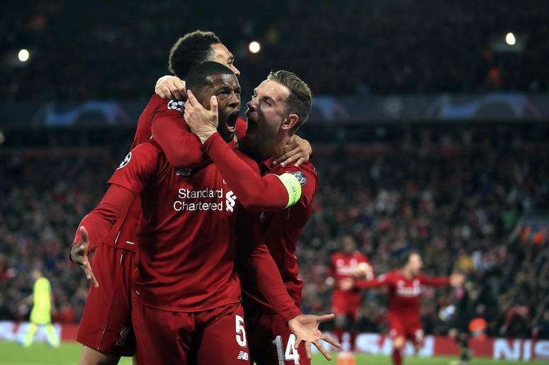 Georginio Wijnaldum (centro de Liverpool) festeja tras anotar el cuarto gol del equipo ante Barcelona en el partido de vuelta de la semifinal de la Liga de Campeones, el martes 7 de 2019. Georginio Wijnaldum (centro de Liverpool) festeja tras anotar el cuarto gol del equipo ante Barcelona en el partido de vuelta de la semifinal de la Liga de Campeones, el martes 7 de 2019.