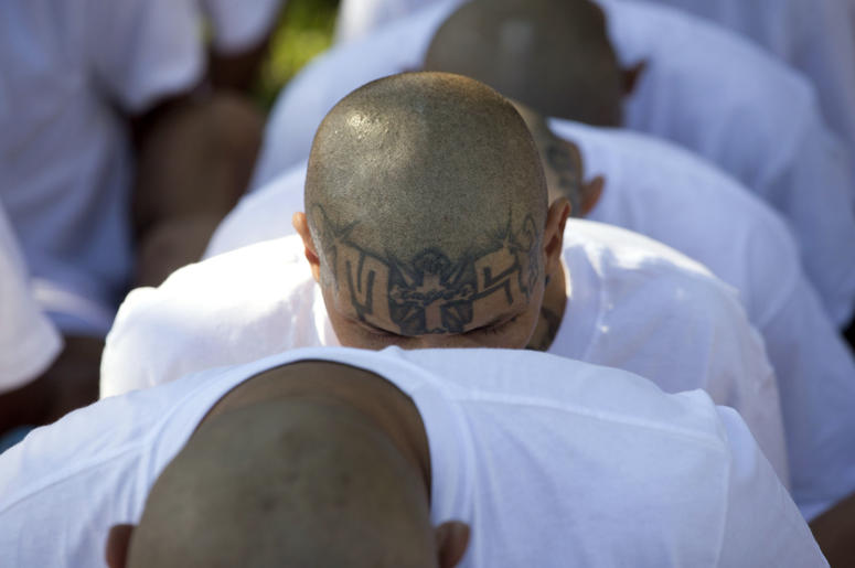 ombres encarcelados identificados por las autoridades como miembros de la Mara Salvatrucha (MS) están sentados esposados mientras son transferidos a la prisión de alta seguridad de Zacatraz en Zacatecoluca, El Salvador. ombres encarcelados identificados por las autoridades como miembros de la Mara Salvatrucha (MS) están sentados esposados mientras son transferidos a la prisión de alta seguridad de Zacatraz en Zacatecoluca, El Salvador.