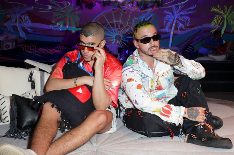 Bad Bunny and J Balvin are seen at the YouTube Music Artist Lounge at Coachella 2019 on April 14, 2019 in Indio, California. Bad Bunny and J Balvin are seen at the YouTube Music Artist Lounge at Coachella 2019 on April 14, 2019 in Indio, California.