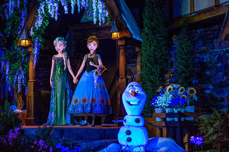 Located in the Norway Pavilion at Epcot, Frozen Ever After celebrates a "Summer Snow Day" on a journey through a frozen willow forest, past Troll Valley and up to Queen Elsa's palace high up on the north mountain. Located in the Norway Pavilion at Epcot, Frozen Ever After celebrates a "Summer Snow Day" on a journey through a frozen willow forest, past Troll Valley and up to Queen Elsa's palace high up on the north mountain.