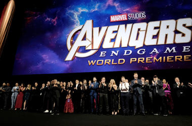 Director Joe Russo, Anthony Russo, Mark Ruffalo, Chris Evans, Robert Downey Jr., Scarlett Johansson, Jeremy Renner, Chris Hemsworth, Executive producer Jon Favreau, and President of Marvel Studios/Producer Kevin Feige speak onstage during the Los Angeles Director Joe Russo, Anthony Russo, Mark Ruffalo, Chris Evans, Robert Downey Jr., Scarlett Johansson, Jeremy Renner, Chris Hemsworth, Executive producer Jon Favreau, and President of Marvel Studios/Producer Kevin Feige speak onstage during the Los Angeles