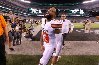 Odell Beckham #13 of the Cleveland Browns runs off the field after defeating the New York Jets