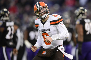 Dec 30, 2018; Baltimore, MD, USA; Cleveland Browns quarterback Baker Mayfield (6) reacts after throwing a touchdown to wide receiver Breshad Perriman (not pictured) during the first quarter against the Baltimore Ravens at M&T Bank Stadium. Mandatory Credi