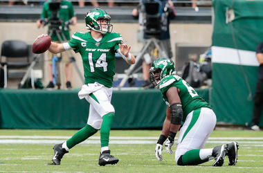 Sep 8, 2019; East Rutherford, NJ, USA; New York Jets quarterback Sam Darnold (14) throws a pass during the second half against the Buffalo Bills at MetLife Stadium. Mandatory Credit: Vincent Carchietta-USA TODAY Sports