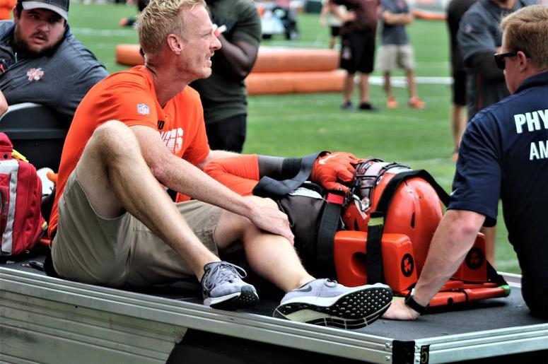 Browns defensive end Chad Thomas is carted off the field after suffering a neck injury on Aug. 12, 2019 Browns defensive end Chad Thomas is carted off the field after suffering a neck injury on Aug. 12, 2019