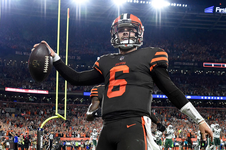 CLEVELAND, OH - SEPTEMBER 20: Baker Mayfield #6 of the Cleveland Browns celebrates after making a catch on a two-point conversion attempt during the third quarter against the New York Jets at FirstEnergy Stadium on September 20, 2018 in Cleveland, Ohio. CLEVELAND, OH - SEPTEMBER 20: Baker Mayfield #6 of the Cleveland Browns celebrates after making a catch on a two-point conversion attempt during the third quarter against the New York Jets at FirstEnergy Stadium on September 20, 2018 in Cleveland, Ohio.
