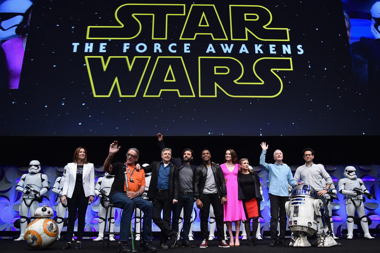 (L-R) Producer Kathleen Kennedy, actors Peter Mayhew, Mark Hamill, Oscar Isaac, John Boyega, Daisy Ridley, Carrie Fisher, Anthony Daniels and director J.J. Abrams speak onstage during Star Wars Celebration 2015 on April 16, 2015 in Anaheim, California. (L-R) Producer Kathleen Kennedy, actors Peter Mayhew, Mark Hamill, Oscar Isaac, John Boyega, Daisy Ridley, Carrie Fisher, Anthony Daniels and director J.J. Abrams speak onstage during Star Wars Celebration 2015 on April 16, 2015 in Anaheim, California.