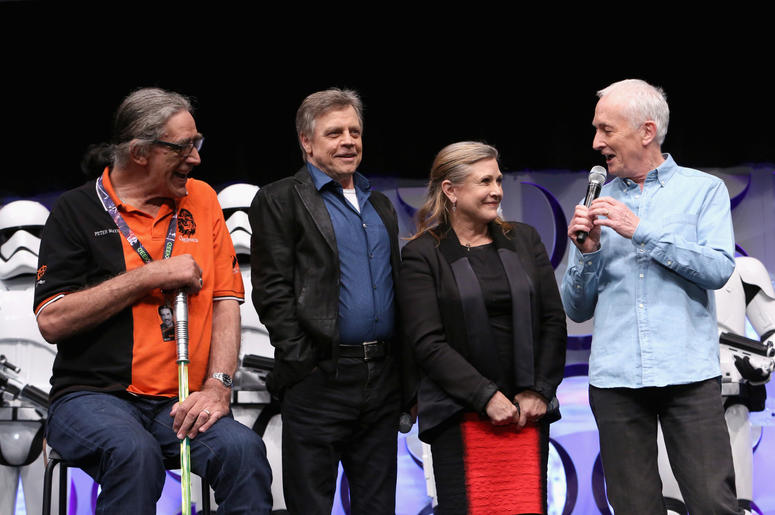 (L-R) Actors Peter Mayhew, Mark Hamill, Carrie Fisher and Anthony Daniels speak onstage during Star Wars Celebration 2015 (L-R) Actors Peter Mayhew, Mark Hamill, Carrie Fisher and Anthony Daniels speak onstage during Star Wars Celebration 2015