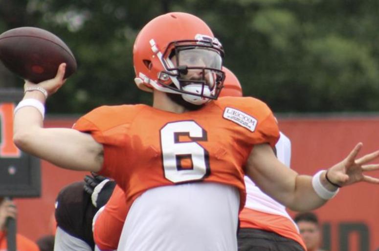 Browns rookie quarterback Baker Mayfield throws during a training camp practice at the team's facility in Berea, Ohio. Browns rookie quarterback Baker Mayfield throws during a training camp practice at the team's facility in Berea, Ohio.