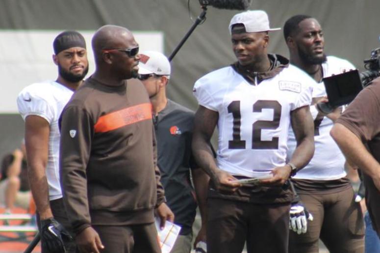 Browns receiver Josh Gordon chats with receivers coach Adam Henry during a practice on Aug. 19, 2018 Browns receiver Josh Gordon chats with receivers coach Adam Henry during a practice on Aug. 19, 2018