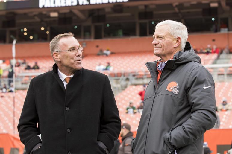 Cleveland Browns general manager John Dorsey, left, talks with team owner Jimmy Haslam during warmups before the game against the Green Bay Packers at FirstEnergy Stadium Cleveland Browns general manager John Dorsey, left, talks with team owner Jimmy Haslam during warmups before the game against the Green Bay Packers at FirstEnergy Stadium