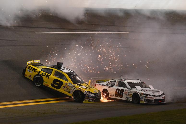 ARCA Series drivers Thomas Praytor (9) and Chuck Hiers (06) wreck during the Lucas Oil 200 at Daytona International Speedway. ARCA Series drivers Thomas Praytor (9) and Chuck Hiers (06) wreck during the Lucas Oil 200 at Daytona International Speedway.