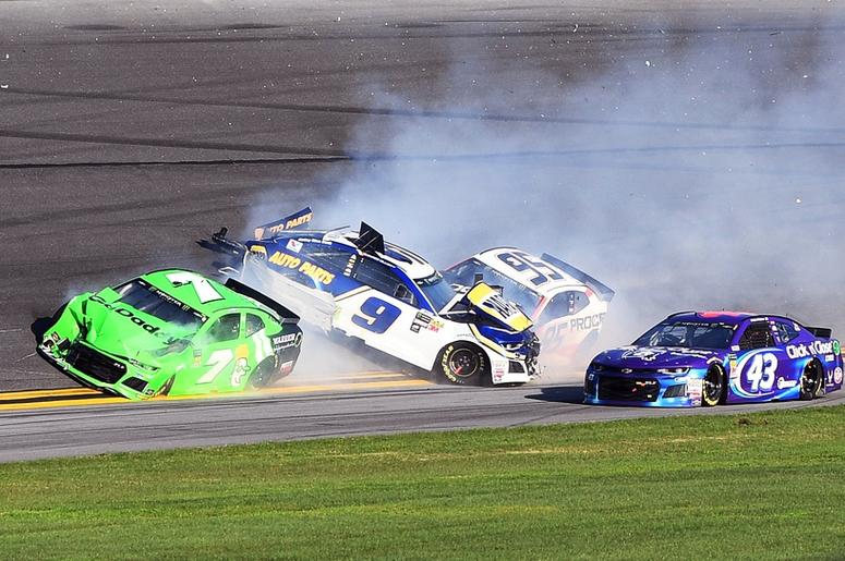 NASCAR Cup Series driver Danica Patrick (7) with driver Chase Elliott (9) and driver Kasey Kahne (95) wreck out of turn three during the Daytona 500 at Daytona International Speedway. NASCAR Cup Series driver Danica Patrick (7) with driver Chase Elliott (9) and driver Kasey Kahne (95) wreck out of turn three during the Daytona 500 at Daytona International Speedway.