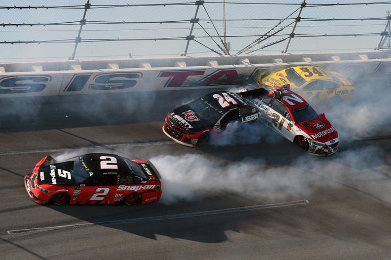 NASCAR NASCAR Cup Series driver Brad Keselowski (2), William Bryon (24), Paul Menard (21), and Michael McDowell (34) wreck during the GEICO 500 at Talladega Superspeedway. NASCAR NASCAR Cup Series driver Brad Keselowski (2), William Bryon (24), Paul Menard (21), and Michael McDowell (34) wreck during the GEICO 500 at Talladega Superspeedway.