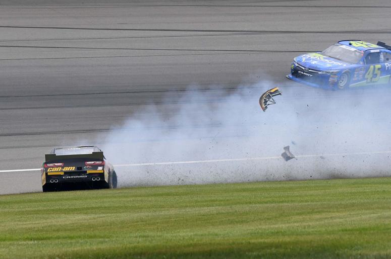 NASCAR Xfinity Series driver Alex Labbe (36) wrecks during the LTI Printing 250 at Michigan International Speedway. NASCAR Xfinity Series driver Alex Labbe (36) wrecks during the LTI Printing 250 at Michigan International Speedway.