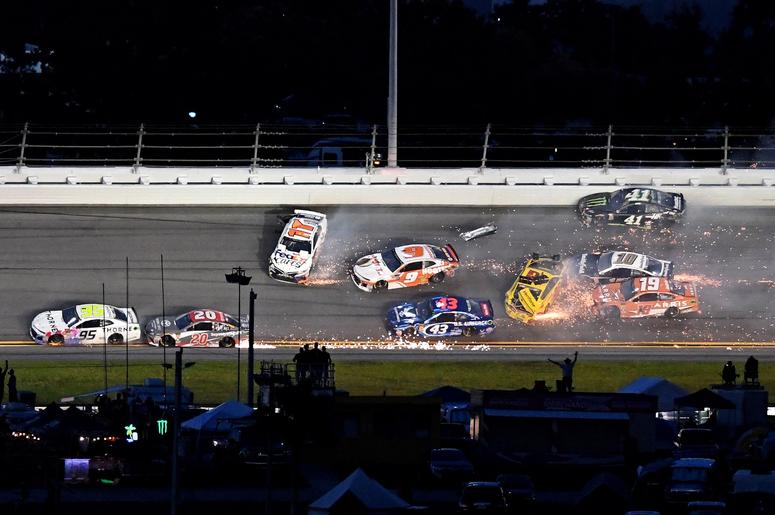 NASCAR Cup Series driver Darrel Wallace Jr. (43), NASCAR Cup Series driver Chase Elliot (9), NASCAR Cup Series driver Joey Logano (22) and NASCAR Cup Series driver Jamie McMurray (1) wreck during the Coke Zero Sugar 400 at Daytona International Speedway. NASCAR Cup Series driver Darrel Wallace Jr. (43), NASCAR Cup Series driver Chase Elliot (9), NASCAR Cup Series driver Joey Logano (22) and NASCAR Cup Series driver Jamie McMurray (1) wreck during the Coke Zero Sugar 400 at Daytona International Speedway.