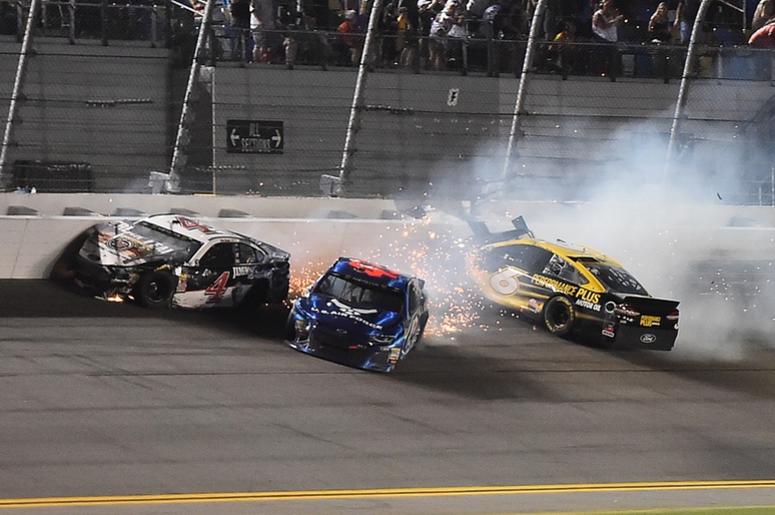 ASCAR Cup Series driver Kevin Harvick (4), NASCAR Cup Series driver Bubba Wallace (43) and NASCAR Cup Series driver Trevor Bayne (6) wreck during the Coke Zero Sugar 400 at Daytona International Speedway. ASCAR Cup Series driver Kevin Harvick (4), NASCAR Cup Series driver Bubba Wallace (43) and NASCAR Cup Series driver Trevor Bayne (6) wreck during the Coke Zero Sugar 400 at Daytona International Speedway.
