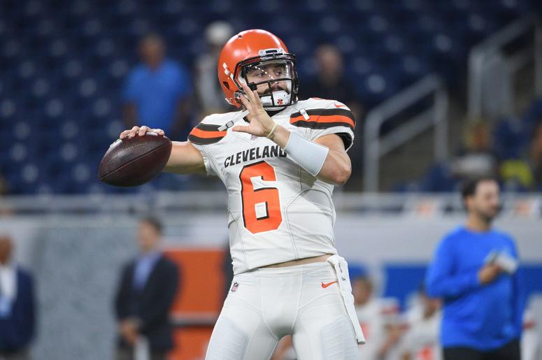 Cleveland Browns quarterback Baker Mayfield (6) warms up before a game against the Detroit Lions at Ford Field. Cleveland Browns quarterback Baker Mayfield (6) warms up before a game against the Detroit Lions at Ford Field.