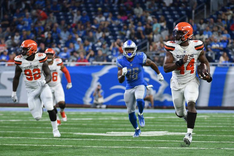 Cleveland Browns defensive end Nate Orchard (44) runs for a touchdown after making an interception during the second quarter against the Detroit Lions at Ford Field Cleveland Browns defensive end Nate Orchard (44) runs for a touchdown after making an interception during the second quarter against the Detroit Lions at Ford Field