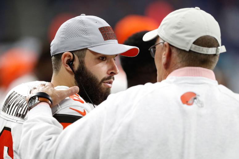 Cleveland Browns quarterback Baker Mayfield (6) talks with general manager John Dorsey Cleveland Browns quarterback Baker Mayfield (6) talks with general manager John Dorsey