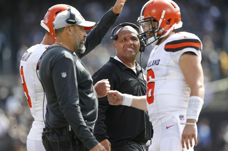 Cleveland Browns head coach Hue Jackson stands on the sideline after a Browns touchdown against the Oakland Raiders in the second quarter at Oakland Coliseum. Cleveland Browns head coach Hue Jackson stands on the sideline after a Browns touchdown against the Oakland Raiders in the second quarter at Oakland Coliseum.