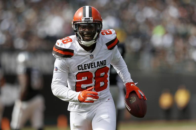 Cleveland Browns defensive back E.J. Gaines (28) reacts after intercepting a pass against the Oakland Raiders in the second quarter at Oakland Coliseum. Cleveland Browns defensive back E.J. Gaines (28) reacts after intercepting a pass against the Oakland Raiders in the second quarter at Oakland Coliseum.