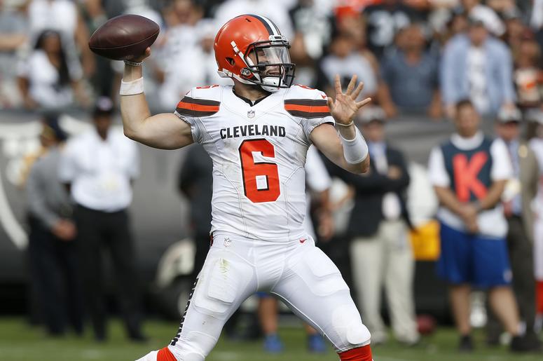 leveland Browns quarterback Baker Mayfield (6) prepares to throw a pass against the Oakland Raiders in the fourth quarter at Oakland Coliseum. leveland Browns quarterback Baker Mayfield (6) prepares to throw a pass against the Oakland Raiders in the fourth quarter at Oakland Coliseum.