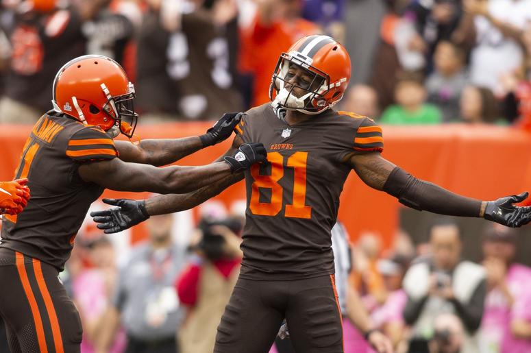Cleveland Browns wide receiver Rashard Higgins (81) celebrates his touchdown against the Baltimore Ravens with wide receiver Antonio Callaway (11) during the second quarter at FirstEnergy Stadium. Cleveland Browns wide receiver Rashard Higgins (81) celebrates his touchdown against the Baltimore Ravens with wide receiver Antonio Callaway (11) during the second quarter at FirstEnergy Stadium.