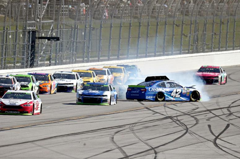 ASCAR Cup Series driver Kyle Larson (42) wrecks during the 1000Bulbs.com at Talladega Superspeedway. ASCAR Cup Series driver Kyle Larson (42) wrecks during the 1000Bulbs.com at Talladega Superspeedway.