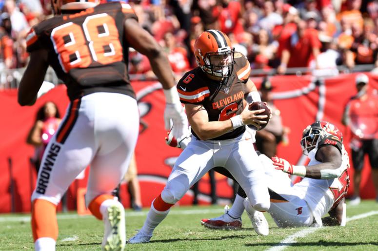 Cleveland Browns quarterback Baker Mayfield (6) scrambles in the first half against the Tampa Bay Buccaneers at Raymond James Stadium. Cleveland Browns quarterback Baker Mayfield (6) scrambles in the first half against the Tampa Bay Buccaneers at Raymond James Stadium.