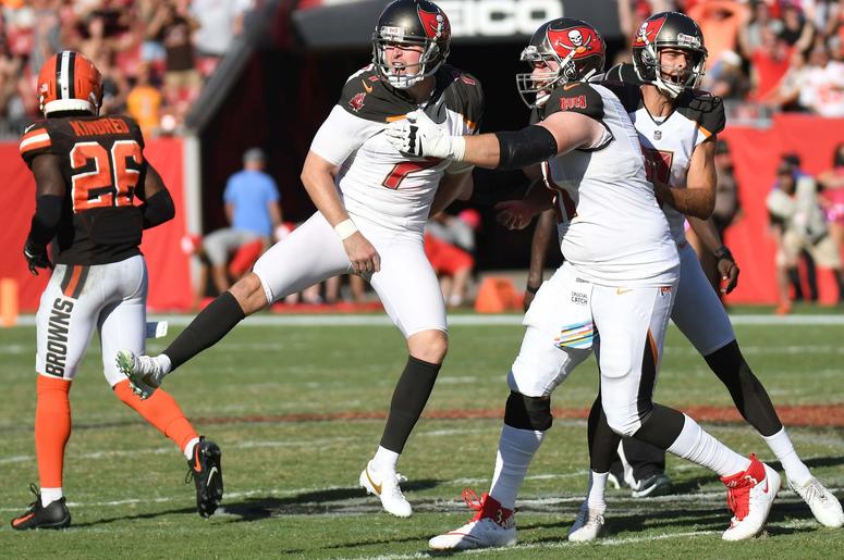 Tampa Bay Buccaneers kicker Chandler Catanzaro (7) celebrates after making a game winning field goal against the Cleveland Browns at Raymond James Stadium. Tampa Bay Buccaneers kicker Chandler Catanzaro (7) celebrates after making a game winning field goal against the Cleveland Browns at Raymond James Stadium.