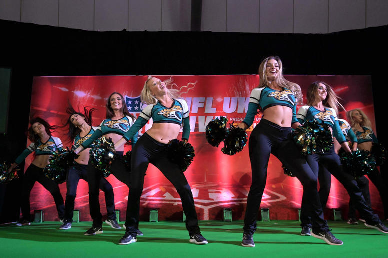 acksonville Jaguars roar cheerleaders perform at NFL UK Live at The Drum at Wembley. acksonville Jaguars roar cheerleaders perform at NFL UK Live at The Drum at Wembley.