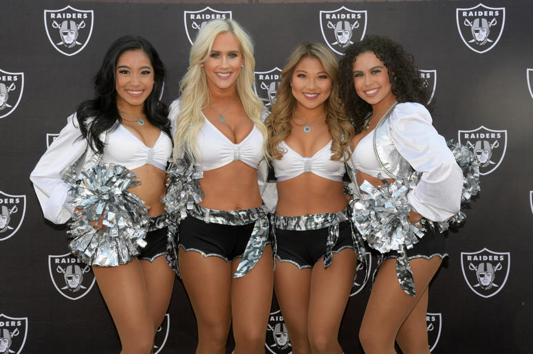 Oakland Raiders raiderette cheerleaders pose during the game against the Los Angeles Chargers at Oakland Coliseum. Oakland Raiders raiderette cheerleaders pose during the game against the Los Angeles Chargers at Oakland Coliseum.