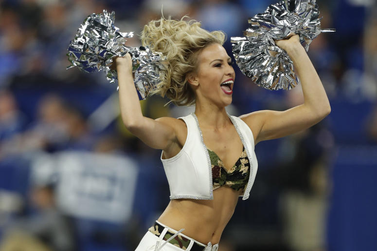 ndianapolis Colts cheerleaders perform a dance routine during the fourth quarter against the Jacksonville Jaguars at Lucas Oil Stadium. ndianapolis Colts cheerleaders perform a dance routine during the fourth quarter against the Jacksonville Jaguars at Lucas Oil Stadium.