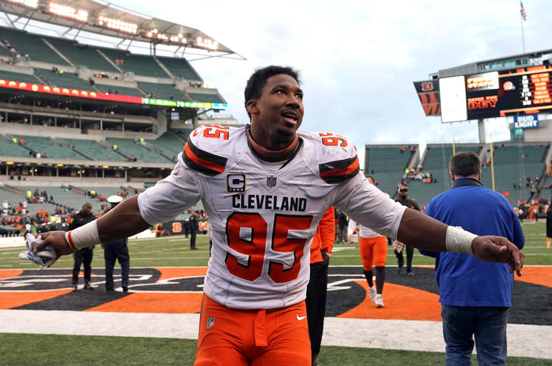 leveland Browns defensive end Myles Garrett (95) reacts after defeating the Cincinnati Bengals at Paul Brown Stadium leveland Browns defensive end Myles Garrett (95) reacts after defeating the Cincinnati Bengals at Paul Brown Stadium